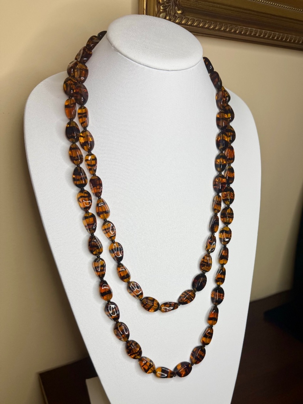 Vintage Amber Black Root Beer Glass Necklace 30" Drop VERY LONG - Picture 2 of 16